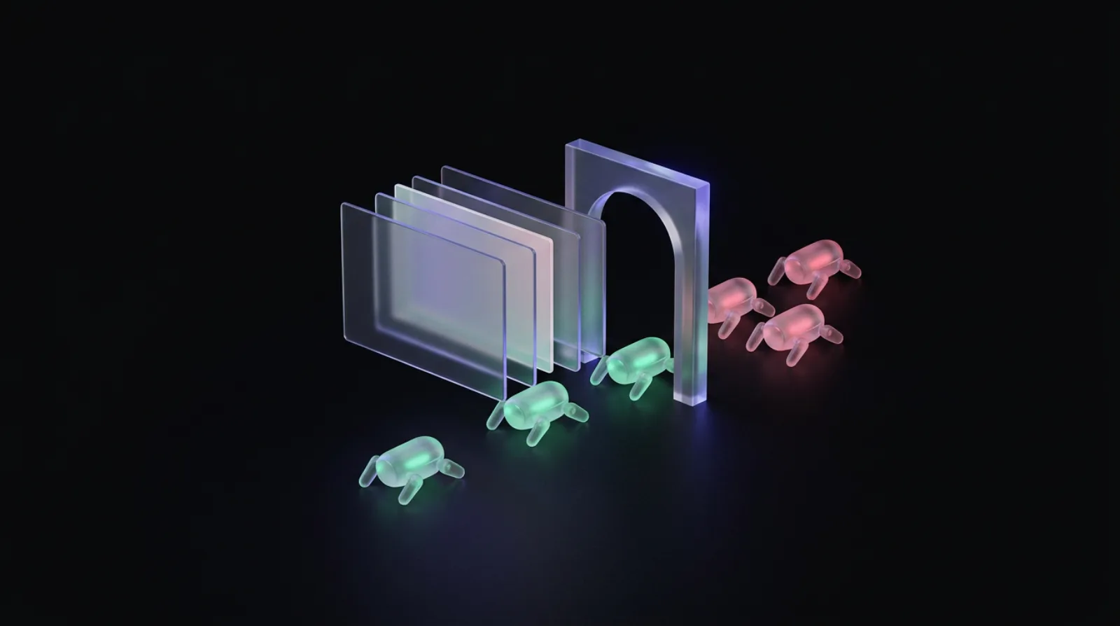 Small robot crawlers reading pages of a website, some let in through a gate and some held back