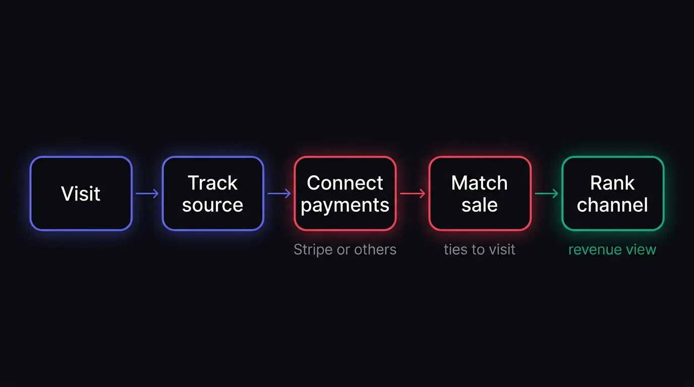 A simple flow shows how visit data becomes attributed revenue once payments are connected.