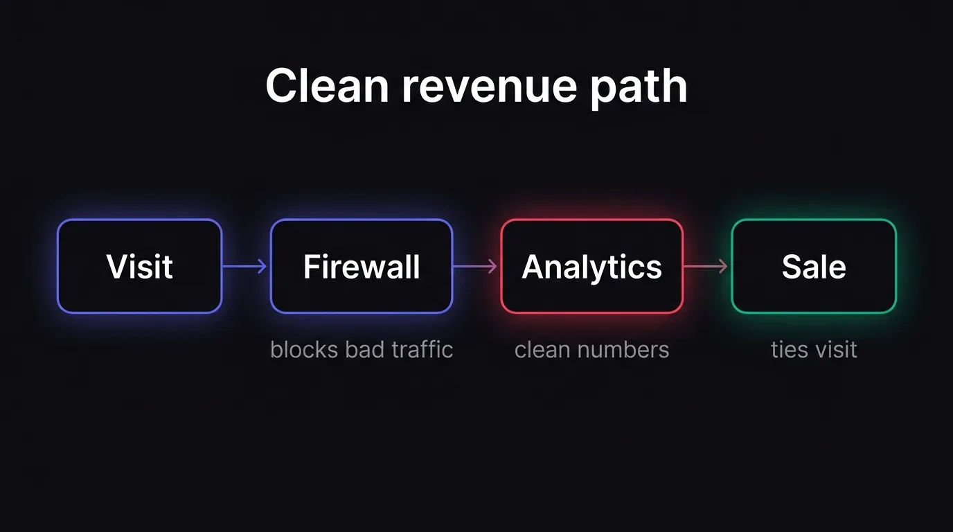 A simple flow showing how NoirTrack blocks bad traffic before analytics and ties the resulting sale back to the visit.