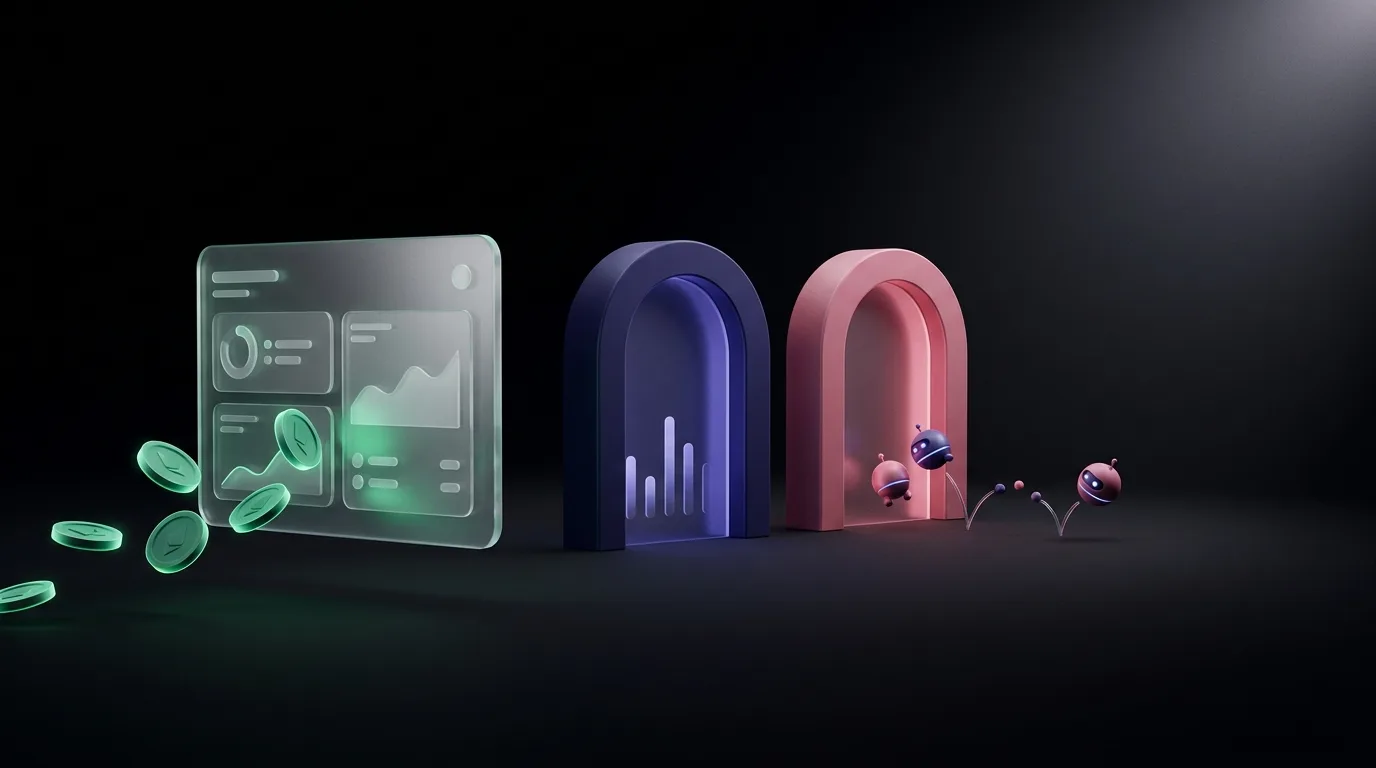 A side-by-side visual of analytics cards and gates showing money flowing in, with robots blocked before they reach the numbers.