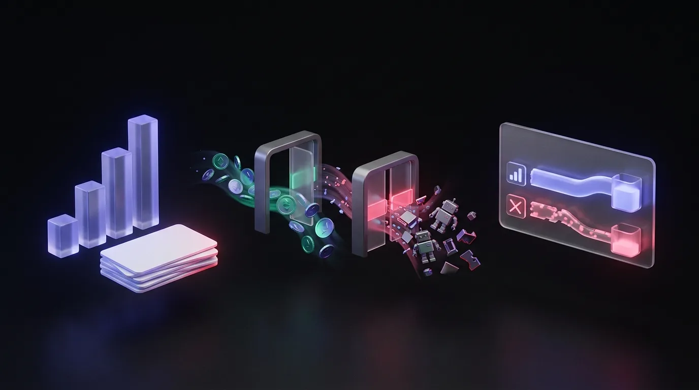 A comparison scene with analytics cards, a money flow, and a gate blocking bots to show the difference between the two tools.