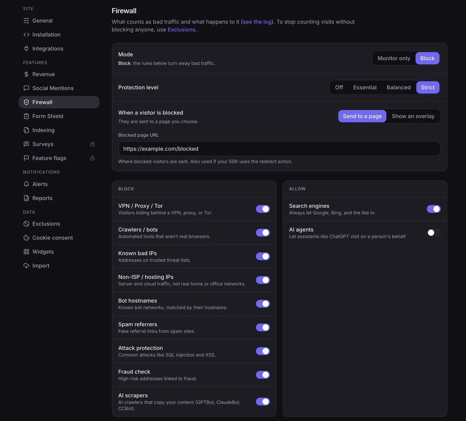 The NoirTrack firewall settings showing monitor and block mode, protection level, and rule toggles.