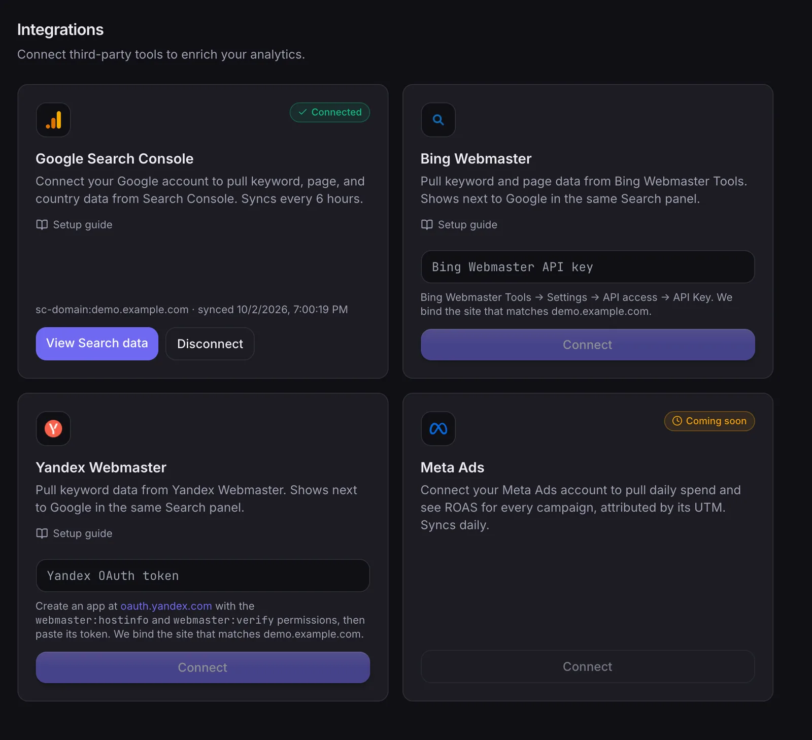 The integrations page showing Google Search Console connected alongside other sources.