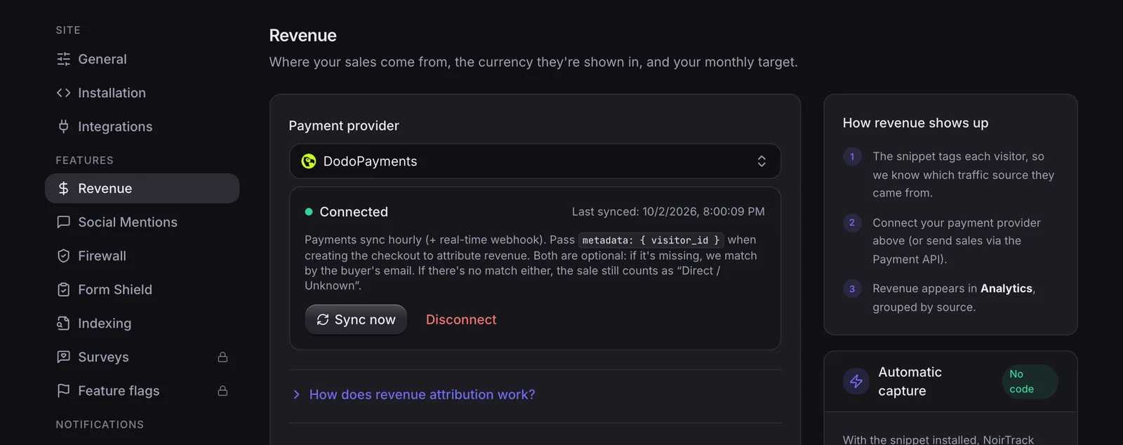 The revenue settings screen shows how NoirTrack connects a payment provider before you compare revenue attribution tools.