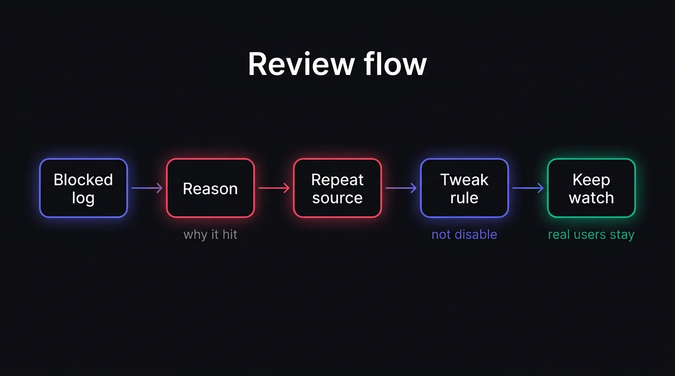 A simple flow shows how to review blocked requests, adjust one rule, and keep legitimate users flowing.