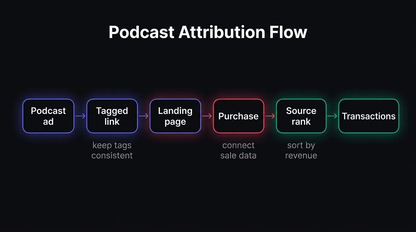 A flow diagram shows how a podcast ad becomes a tagged visit, then a purchase, then a ranked source in revenue reporting.