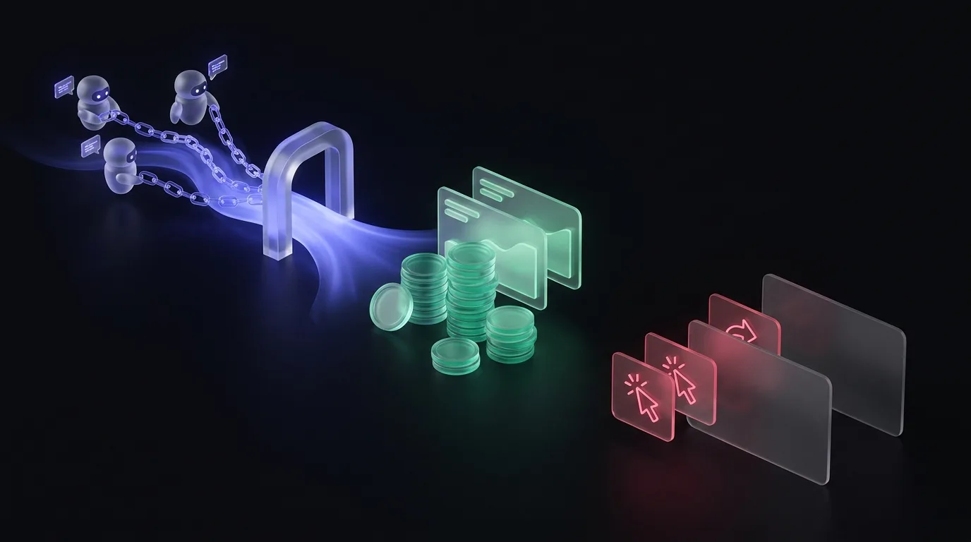 A visual metaphor where tagged ad links flow into revenue cards and empty click cards stay off to the side.