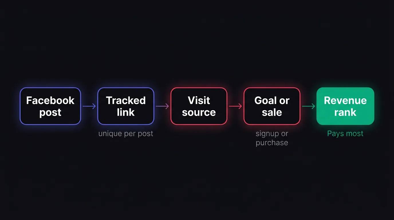 A flow showing how one Facebook post gets a unique tracked link and ends up ranked by revenue.