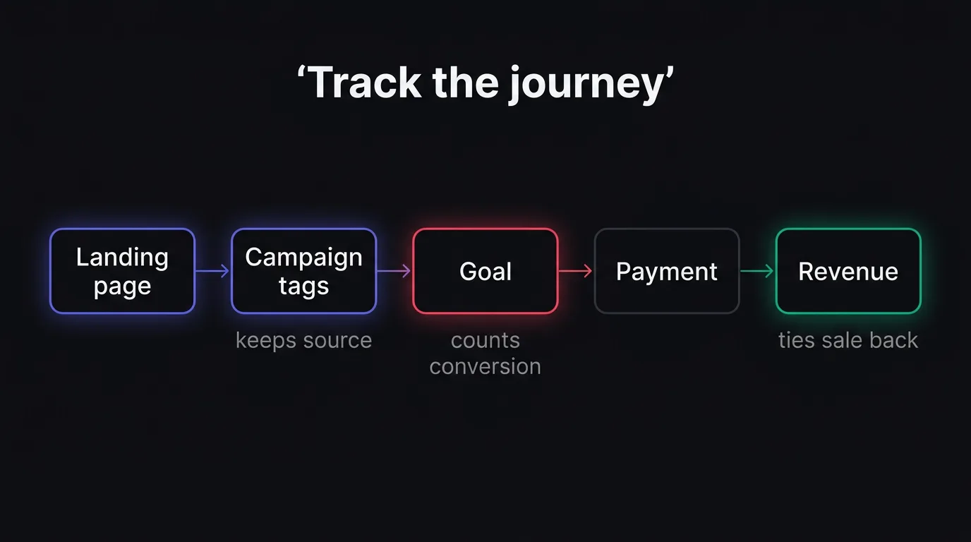 A simple flow shows how a tagged landing page becomes a goal completion and then attributed revenue.