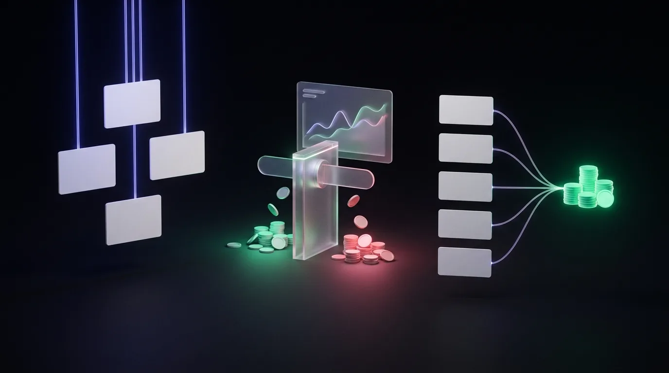 Blank landing page cards feed into a revenue gate that separates paying customers from other traffic, with chart cards and coin piles showing the winning page.