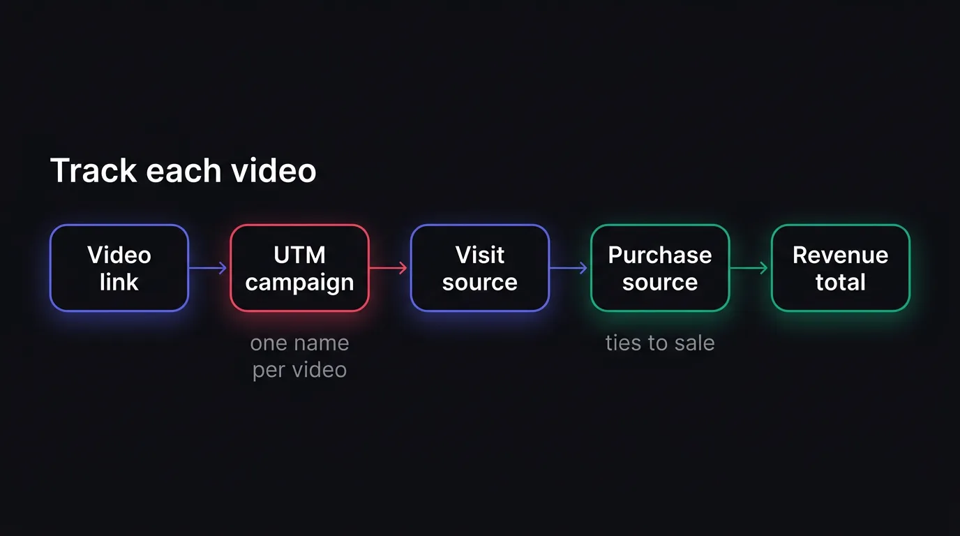 A simple flow showing how one tagged YouTube link becomes a tracked visit and then a revenue source.